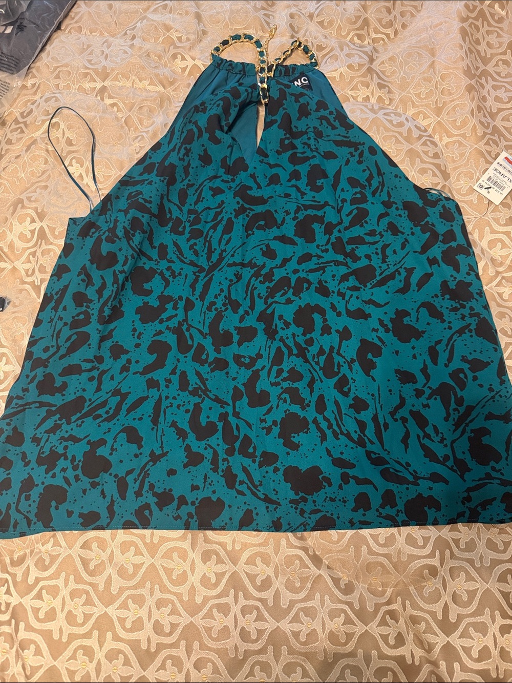 INC International Concepts Teal Halter Camisole with Black Abstract Print